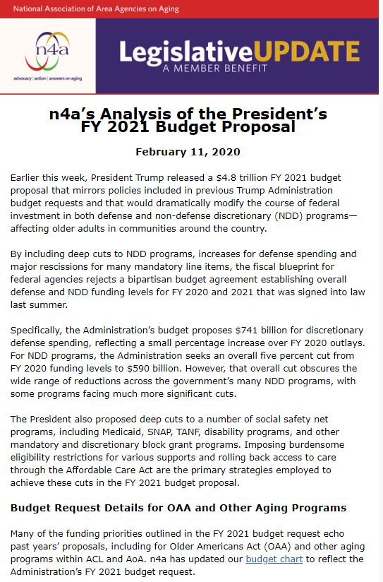 02.11.20 n4a Legislative Update n4as Analysis of the Presidents FY 2021 Budget Proposa1